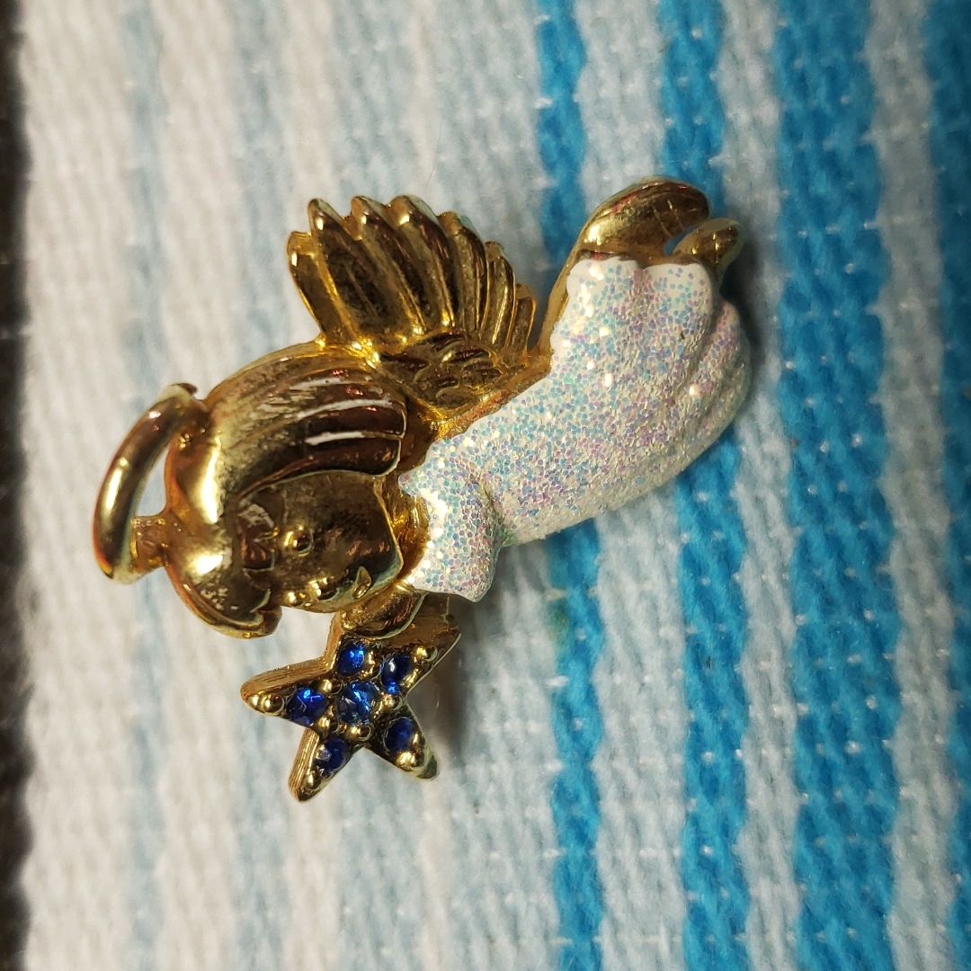 Ballou Angel Lapel Pin Gold Glitter Blue Rhinestones 1.25